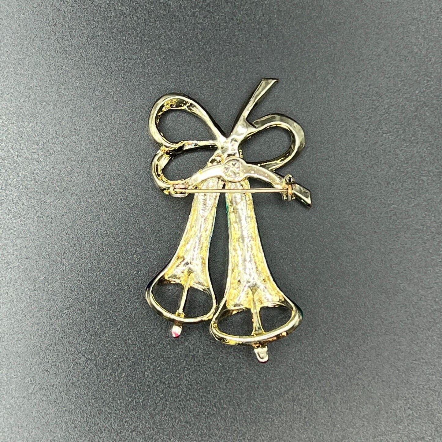 Vintage Novelty Gold-Toned Blue And Green Enameled Holiday Bells Brooch Pin