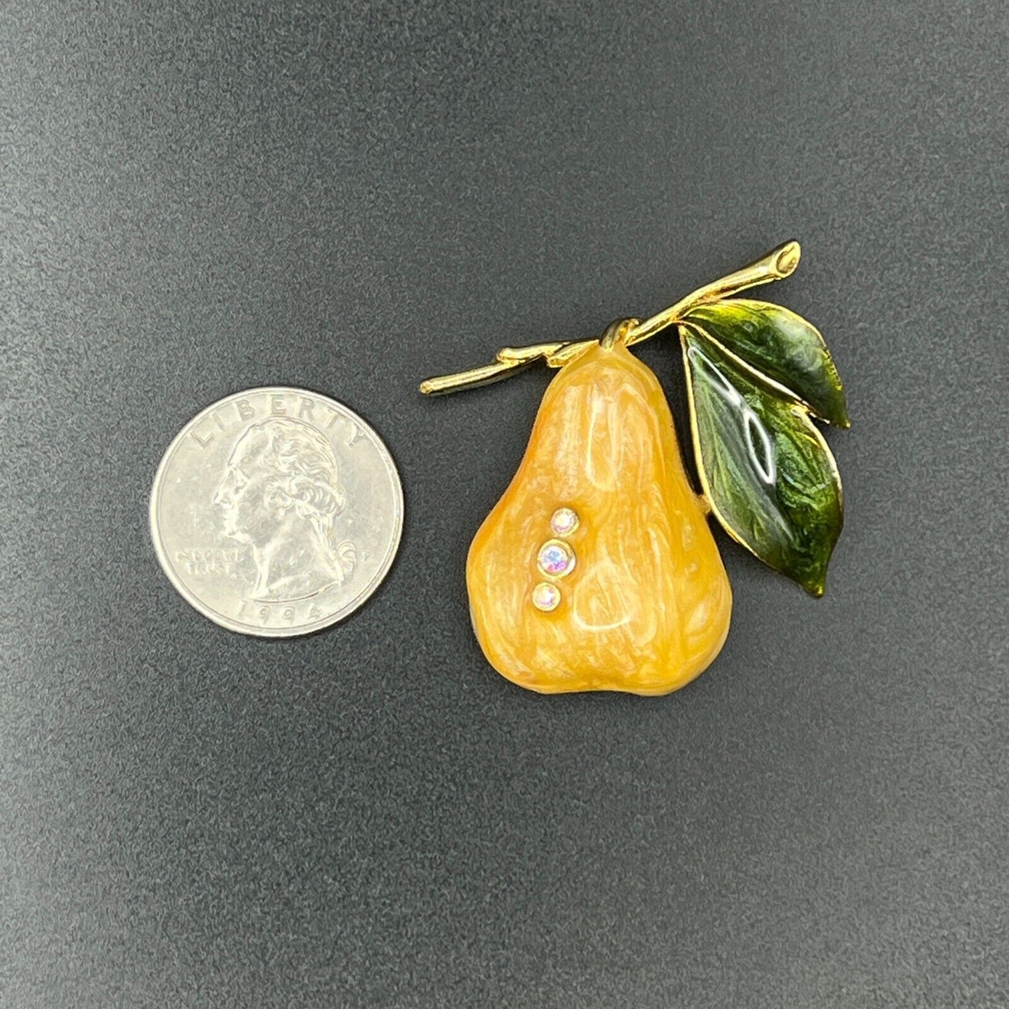 Vintage Gold-Toned Enameled Pear w Three Rhinestones & Green Leaves Brooch Pin