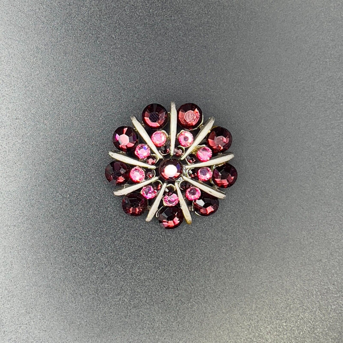 Vintage Bonnie J Rhinestone Brooch Pin Flower Design Pink Magenta Silver