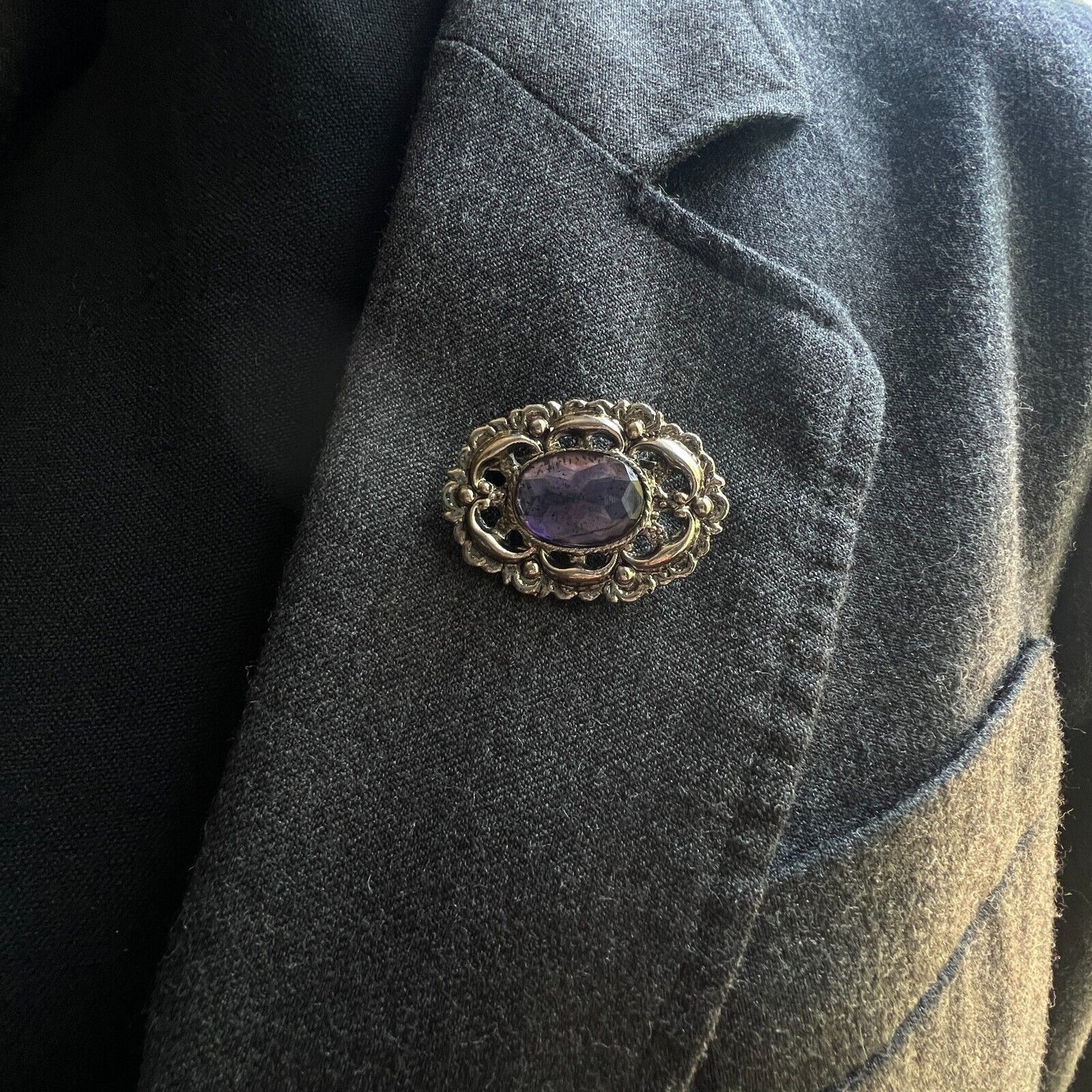 Vintage Unique Silver-Toned Sparkling Purple-Bluish Rhinestone Brooch Pin