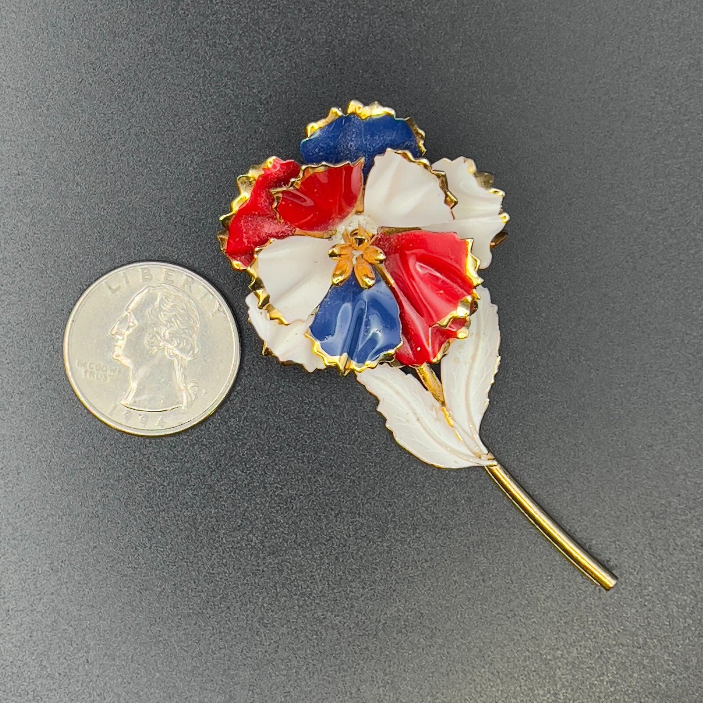 Vintage Flower Brooch Enameled Red White & Blue & Gold-Toned Stem Pin