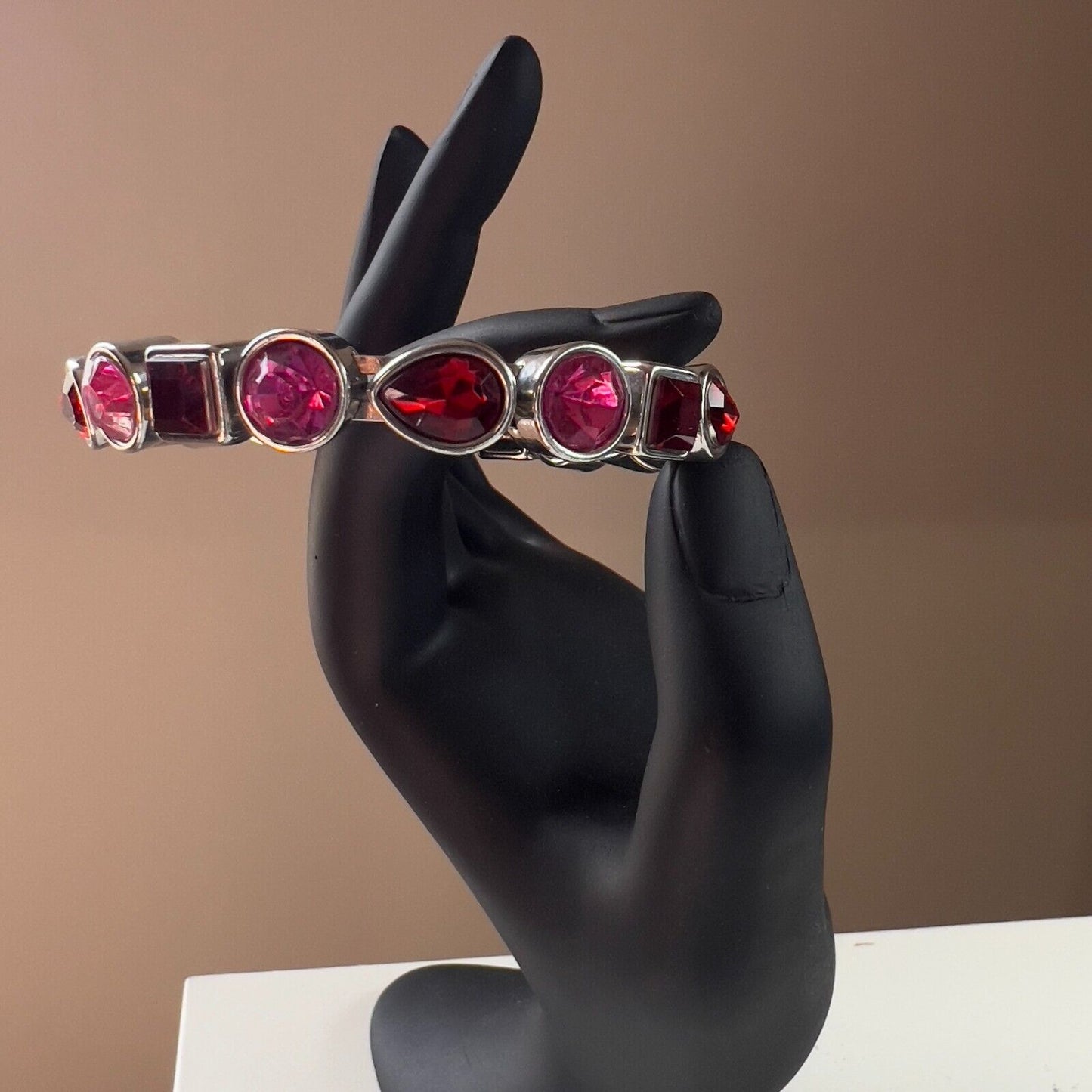 Vintage Marvelous Ruby & Pink Crystals Silver-Toned Bracelet w Magnetic Clasp