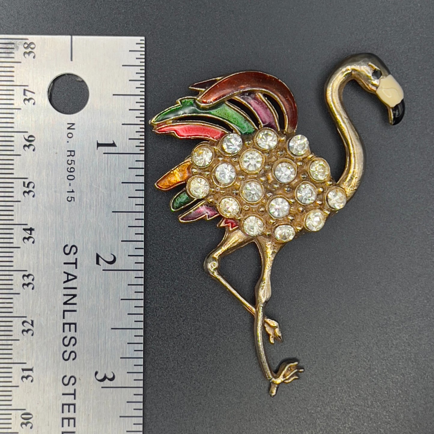 Vintage Novelty Large Flamingo Gold-Toned & Enamel Brooch w Clear Rhinestones