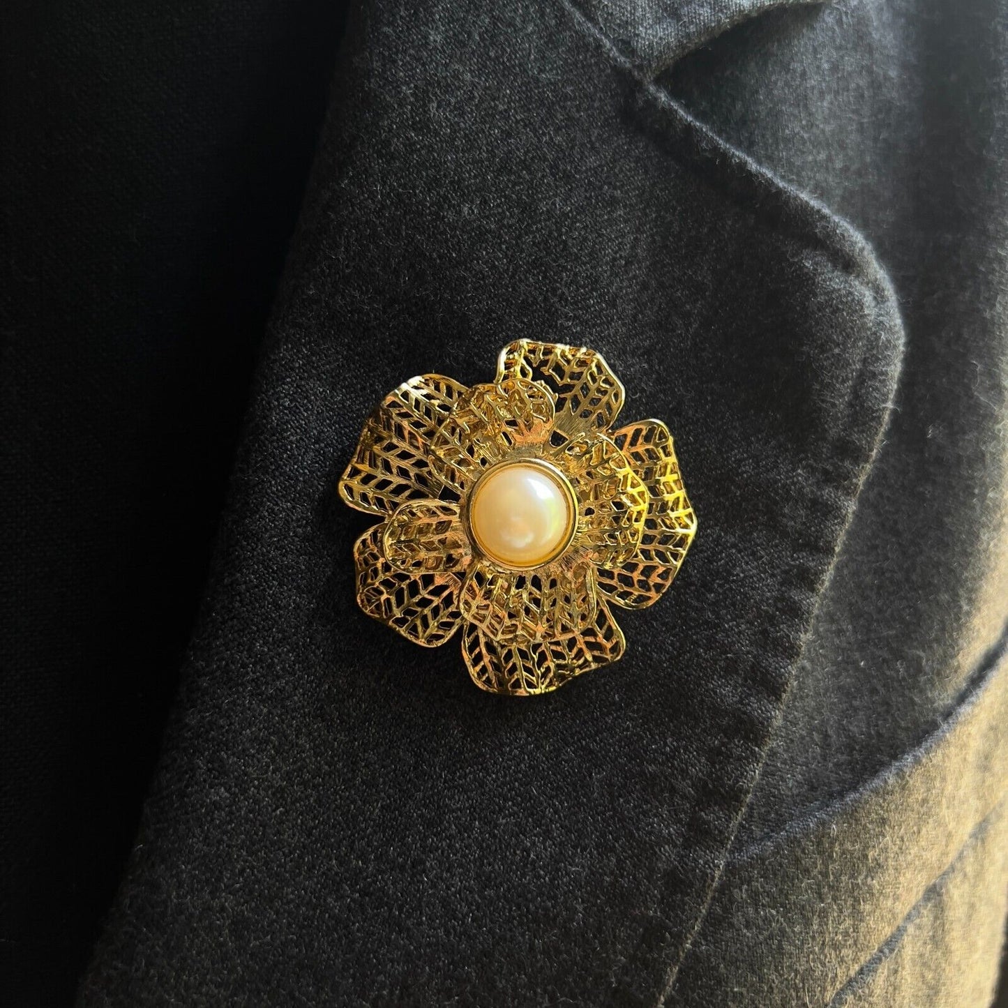 Vintage Gold-Toned Tiered Petals Flower with a Faux Pearl Center Brooch Pin