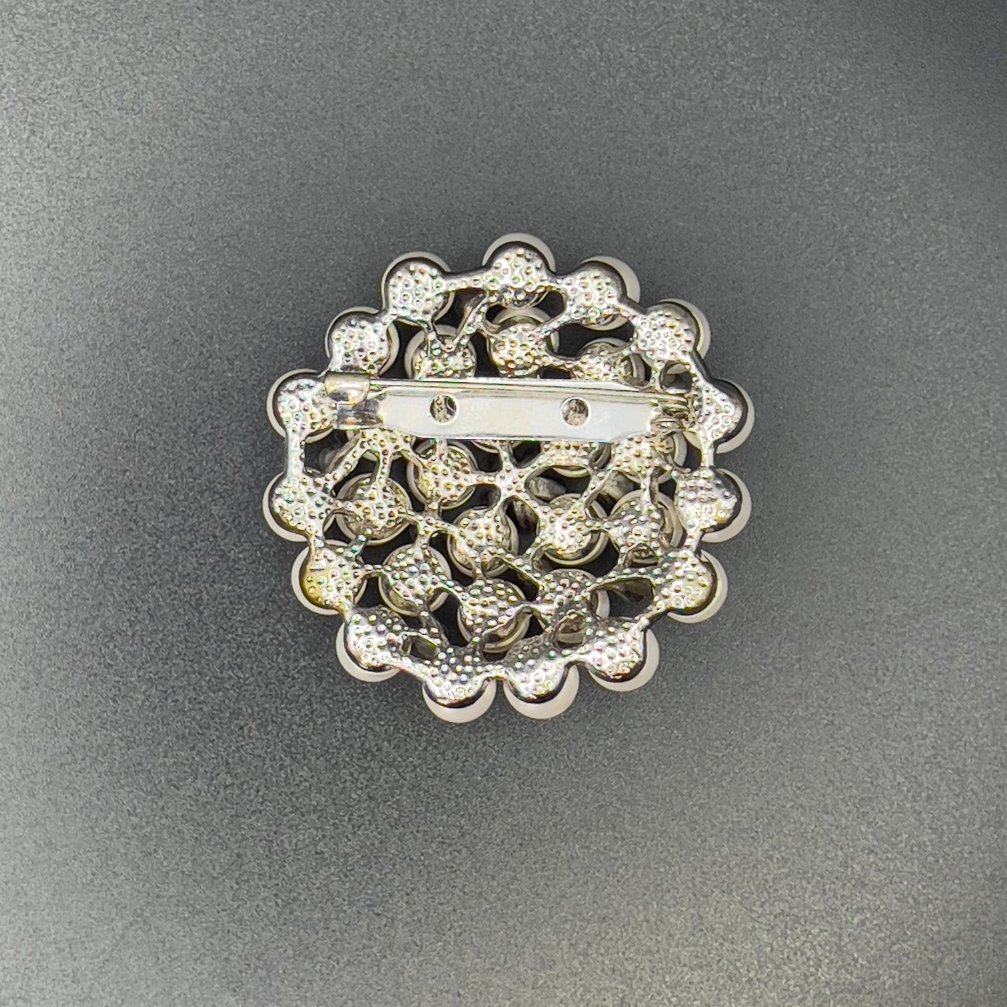 Vintage Circular Silver-Toned Faux Pearls & Clear Rhinestones Cluster Brooch Pin
