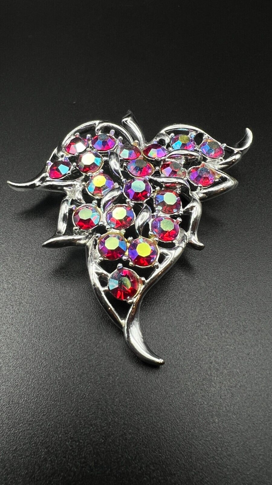 Vintage Signed Sarah Coventry Silver-Toned Leaf with Pink AB Crystals Brooch Pin