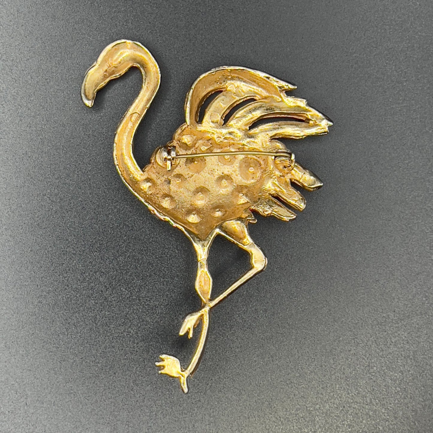 Vintage Novelty Large Flamingo Gold-Toned & Enamel Brooch w Clear Rhinestones