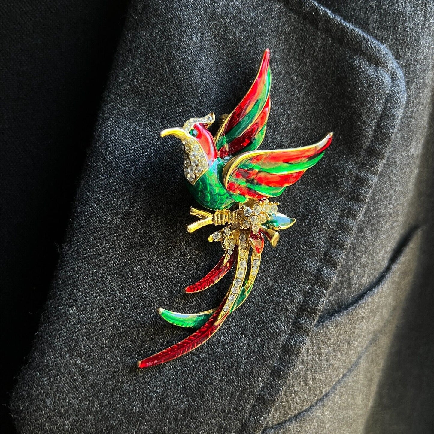 Vintage Novelty Bird Of Paradise Clear Crystals Red/Green Enameled Brooch Pin