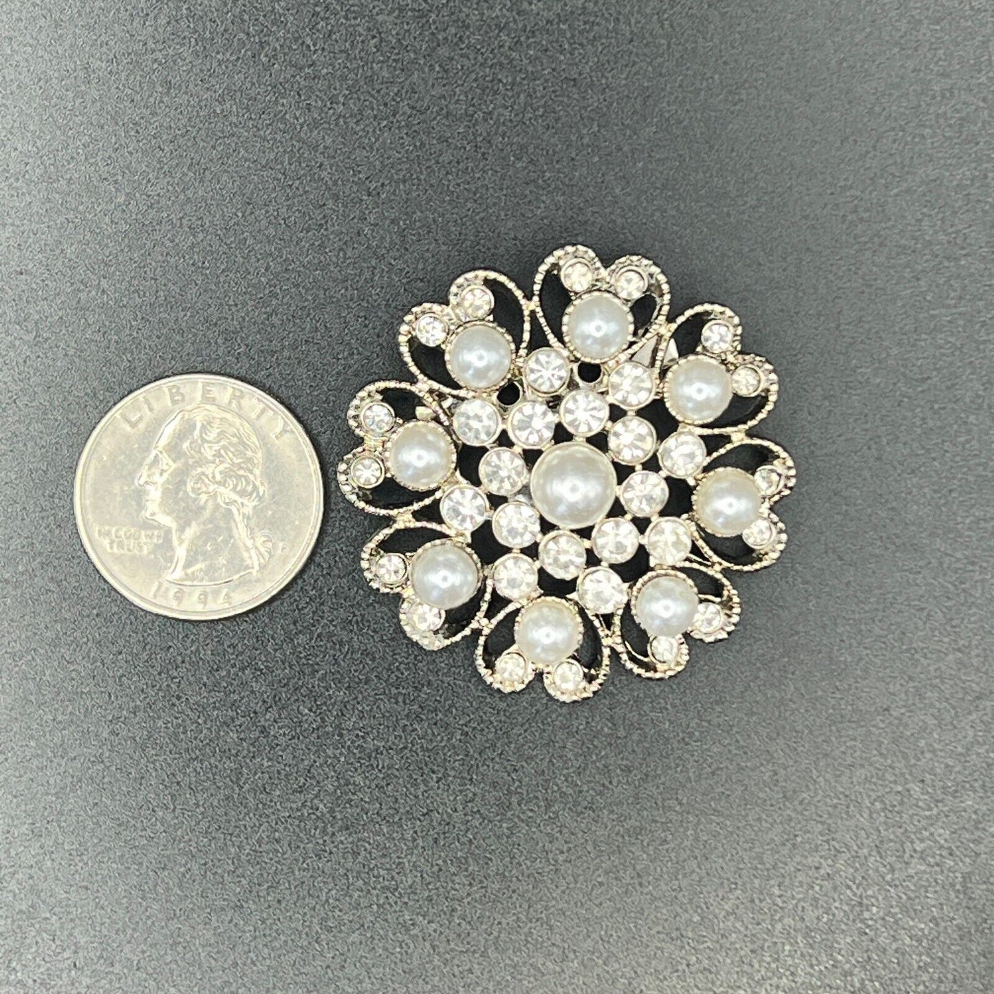 Vintage Silver-Toned Crystal Rhinestones & Faux Pearl Scroll Work Brooch Pin