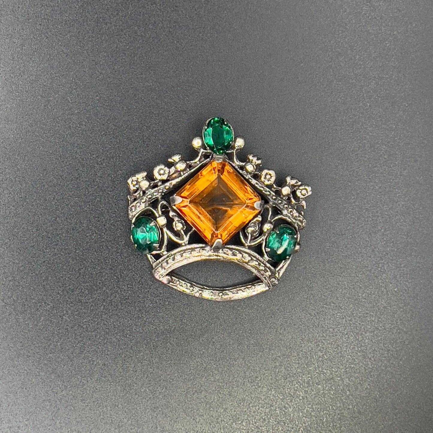 Vintage Silver-Toned Topaz & Emerald Colored Rhinestones Crown Brooch Pin