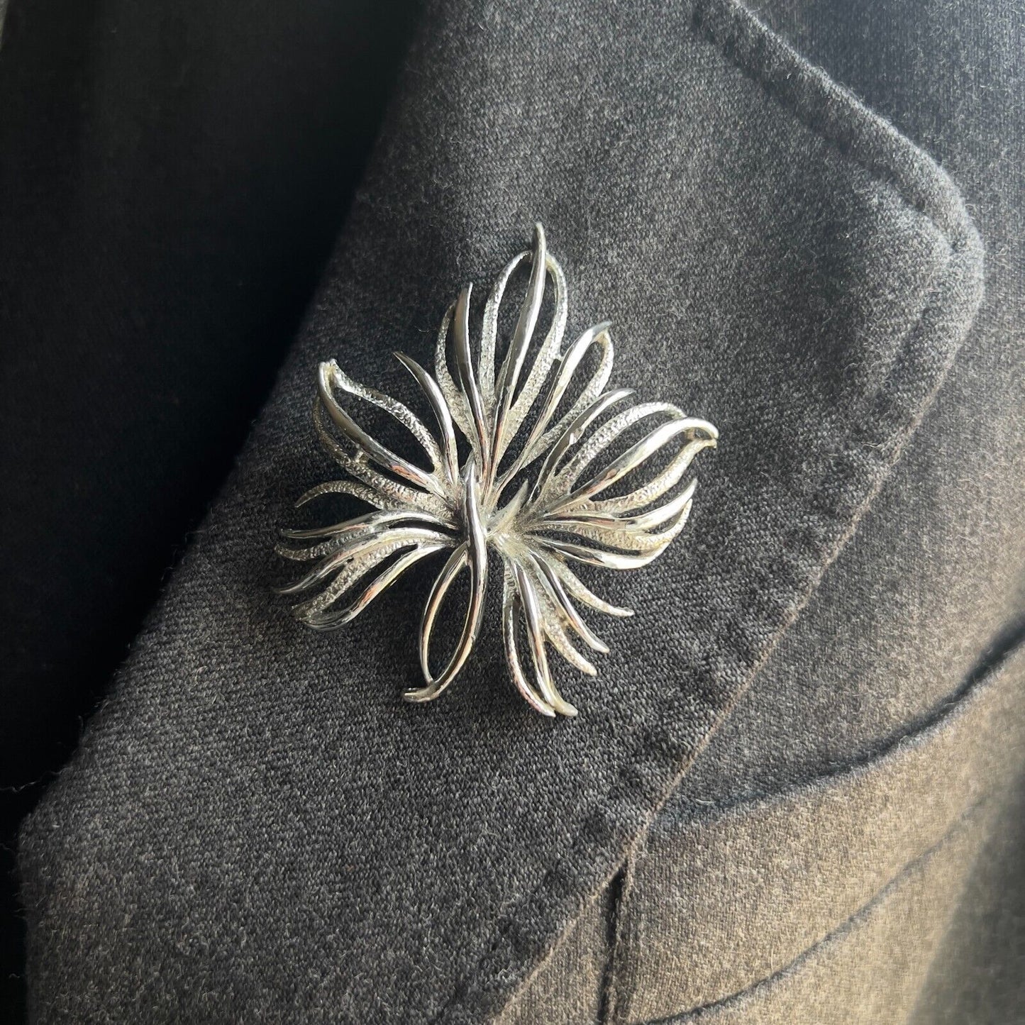 Vintage Silver-Toned Leaf Brooch- Brushed & Smooth Twigs & Sprigs Spray Stem Pin