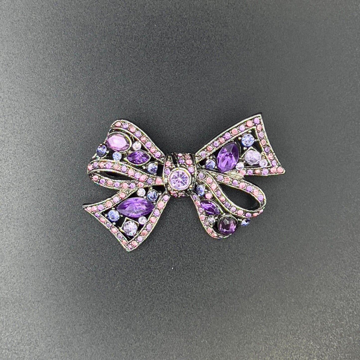 Vintage Unique Silver-Toned Purple/Pink Rhinestones Bow Brooch Pin