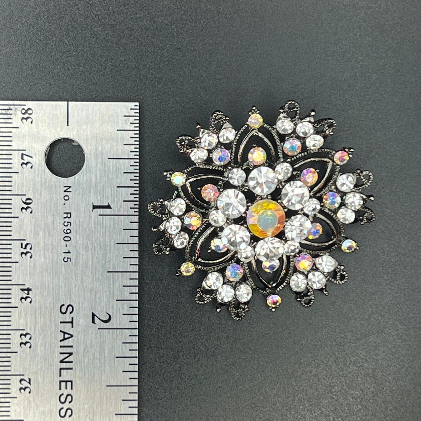 Vintage Silver/Gray-Toned w Clear & Aurora Borealis Rhinestones Brooch Pin