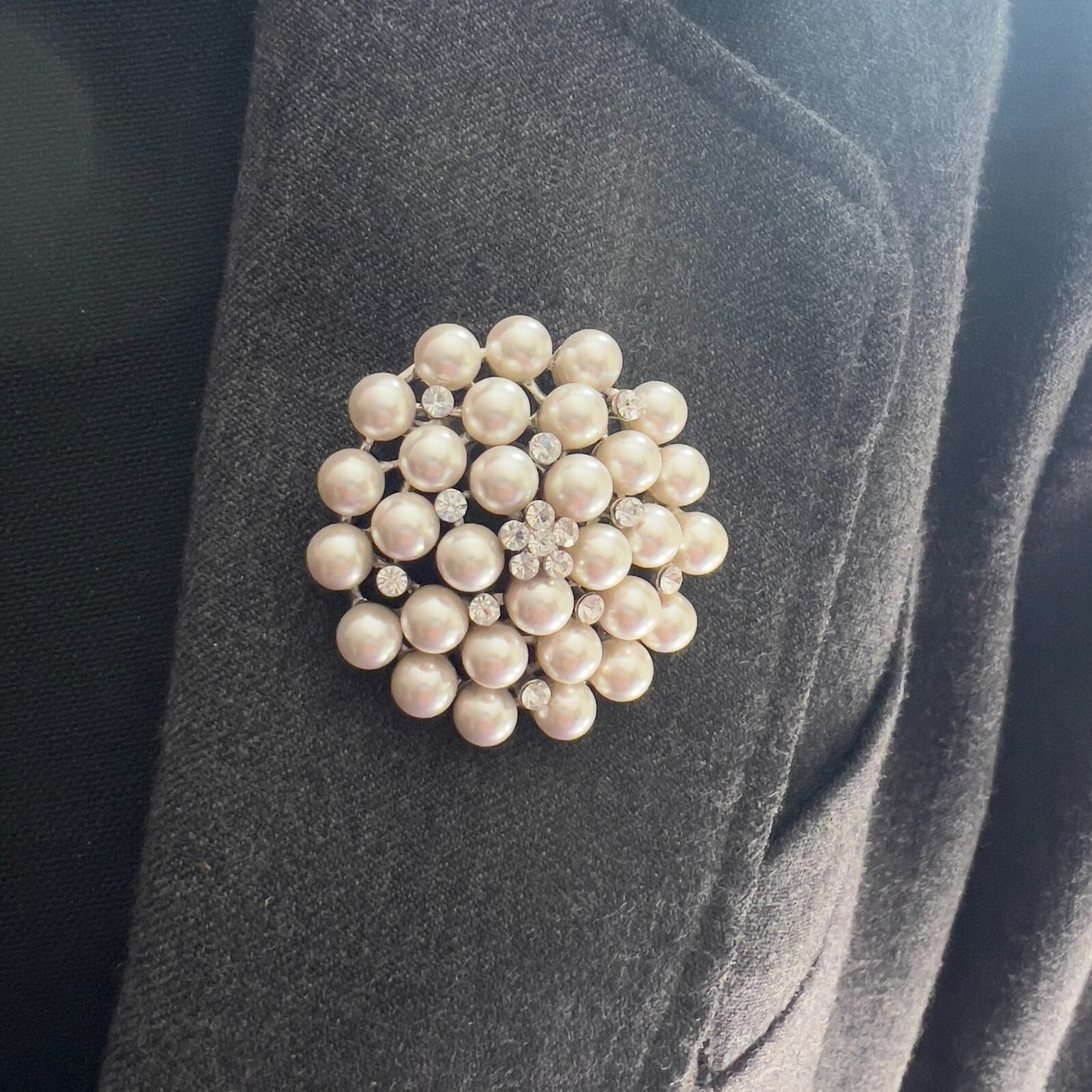 Vintage Circular Silver-Toned Faux Pearls & Clear Rhinestones Cluster Brooch Pin
