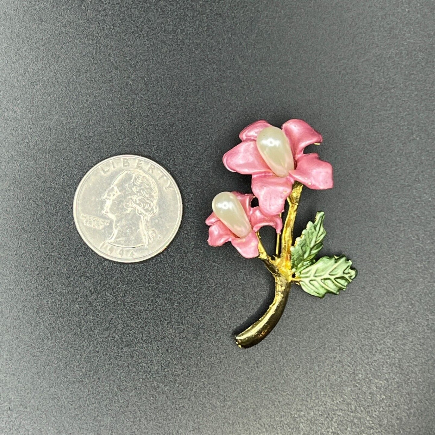 Vintage Gold-Toned Rose Pink & Green Enameled & Faux Pearl Flowers Brooch Pin