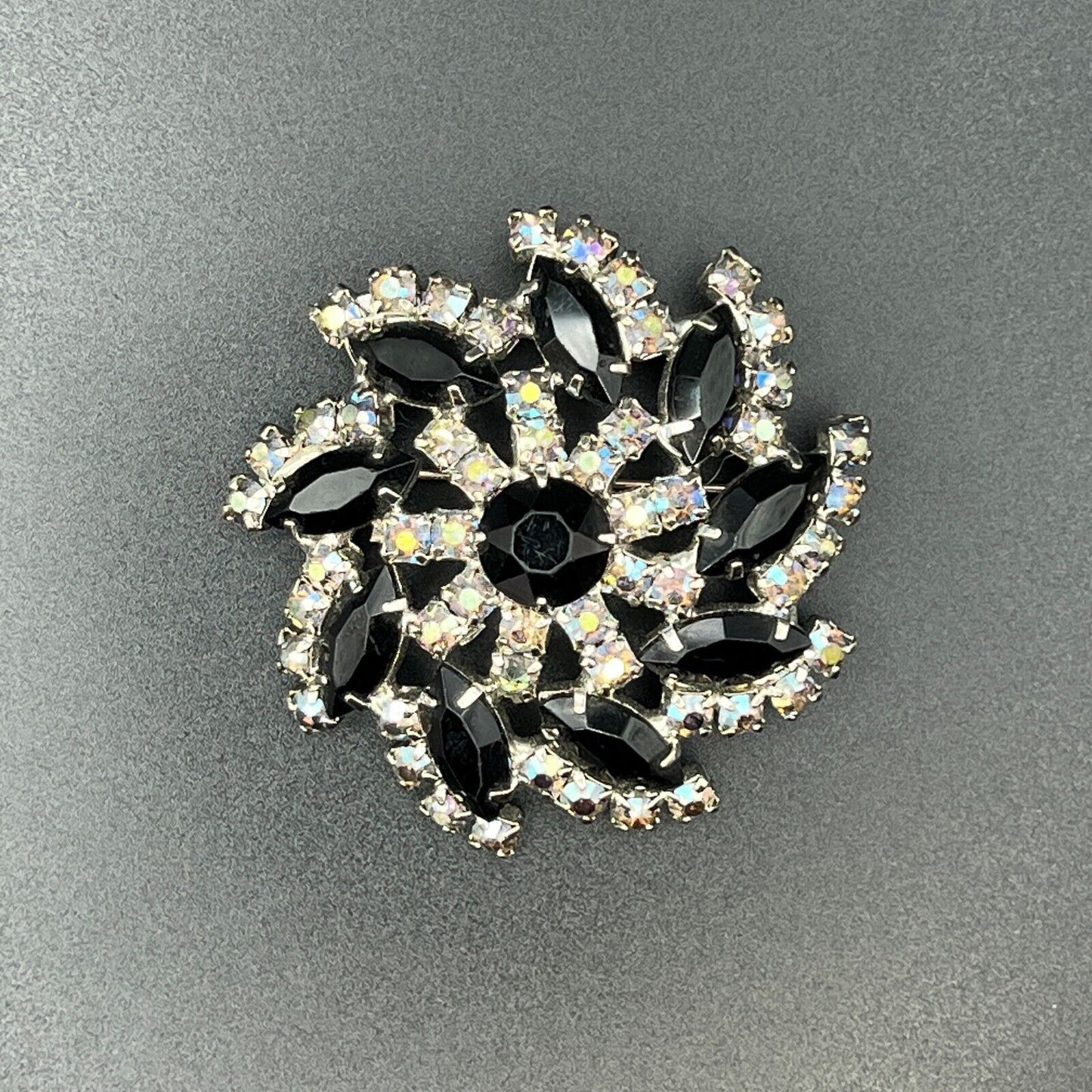 Vintage Schreiner? Silver-Tone w Jet Black Rhinestones & Smoky Topaz AB Brooch