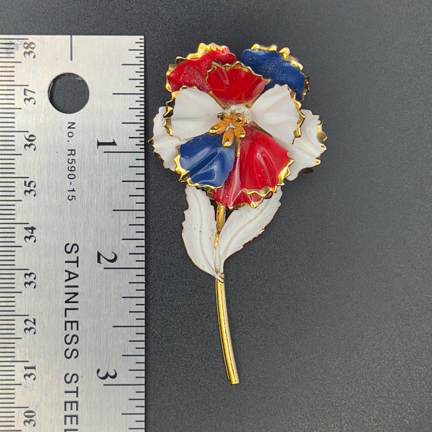 Vintage Flower Brooch Enameled Red White & Blue & Gold-Toned Stem Pin