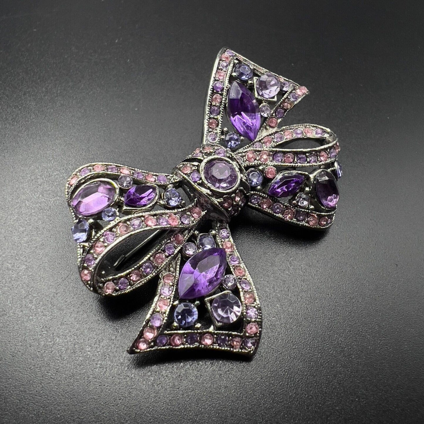 Vintage Unique Silver-Toned Purple/Pink Rhinestones Bow Brooch Pin