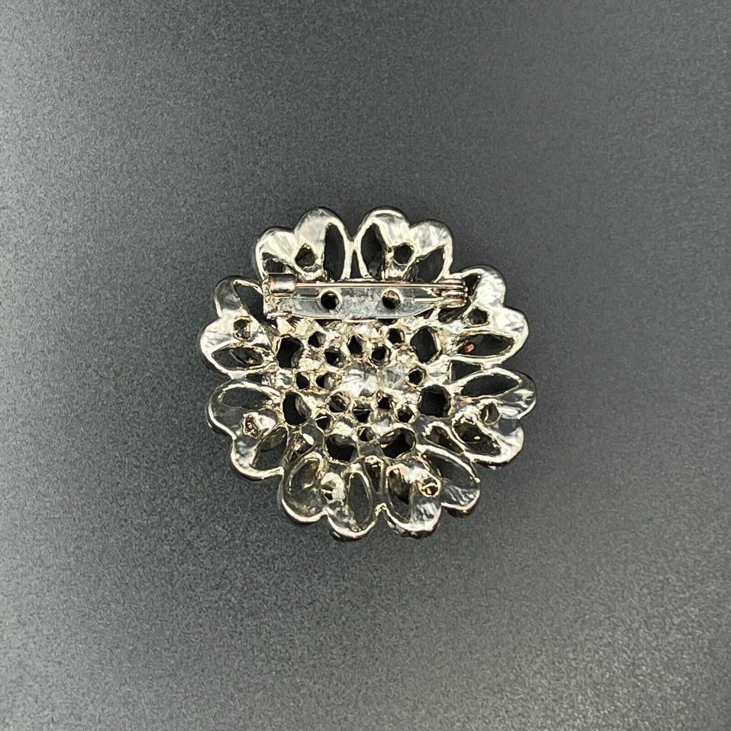 Vintage Silver-Toned Crystal Rhinestones & Faux Pearl Scroll Work Brooch Pin