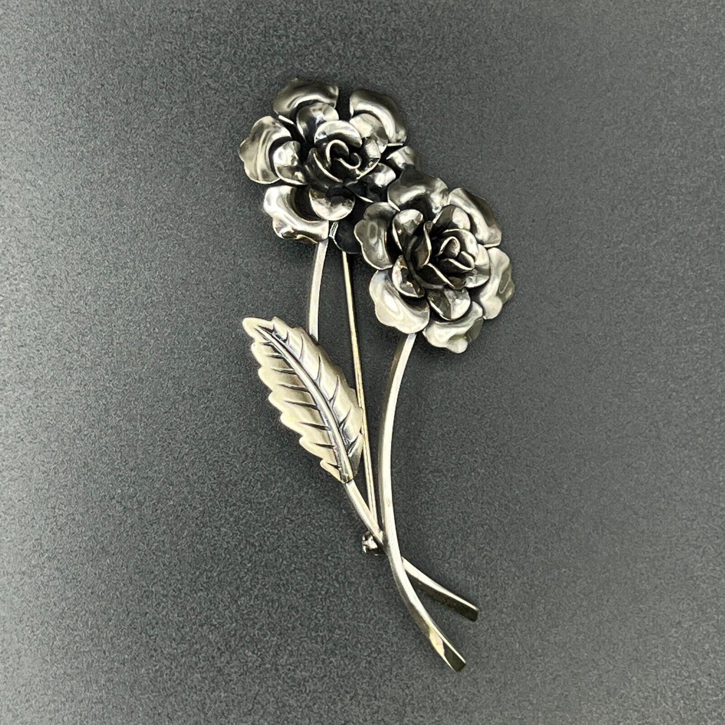 Vintage Marked Jewelart Sterling Silver Multi-Petaled Flowers w Leaf Brooch Pin