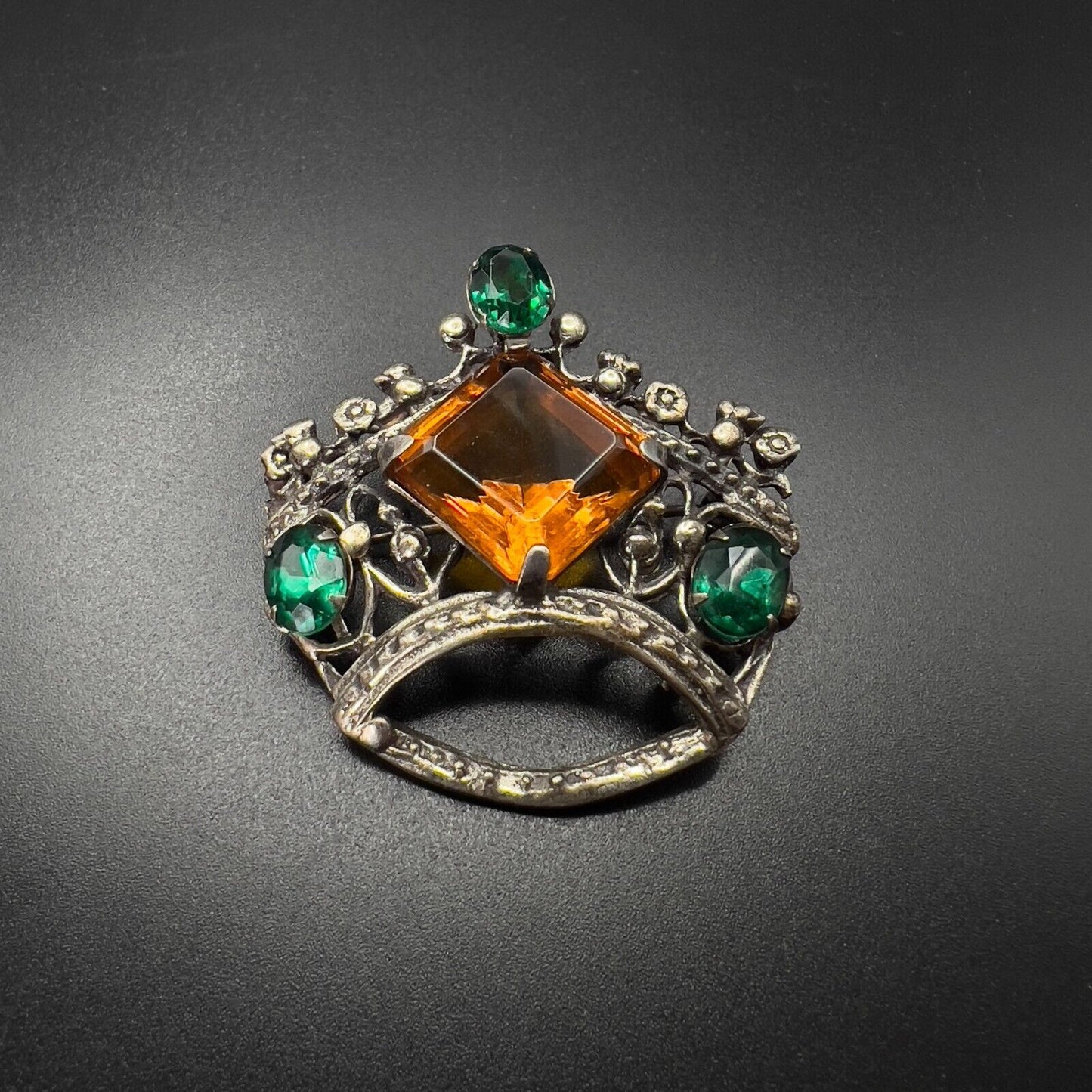 Vintage Silver-Toned Topaz & Emerald Colored Rhinestones Crown Brooch Pin