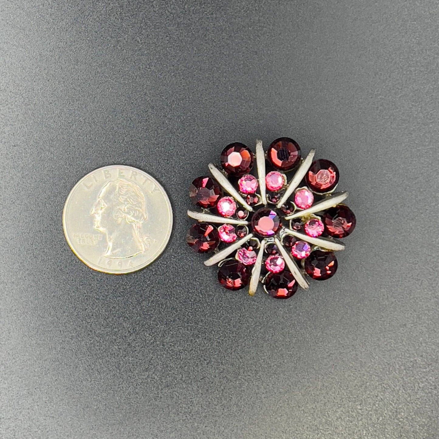 Vintage Bonnie J Rhinestone Brooch Pin Flower Design Pink Magenta Silver