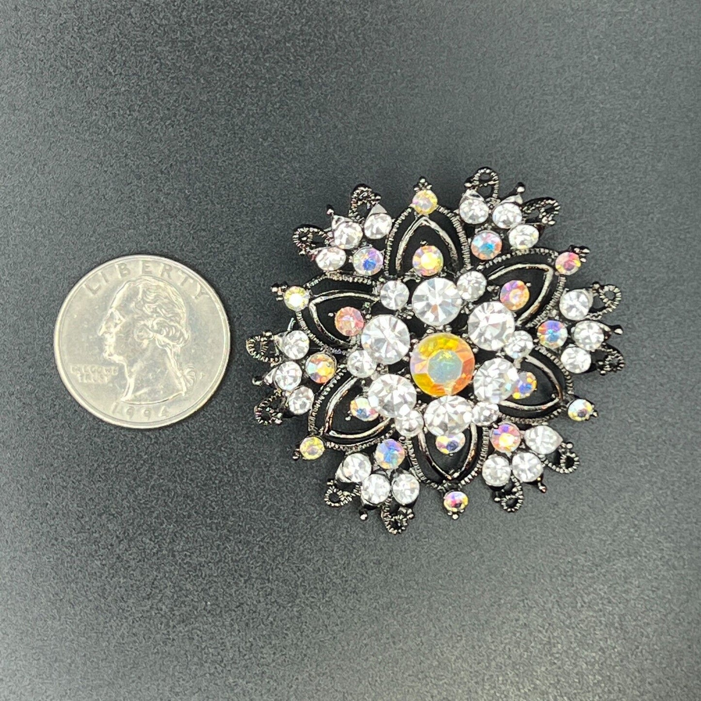 Vintage Silver/Gray-Toned w Clear & Aurora Borealis Rhinestones Brooch Pin