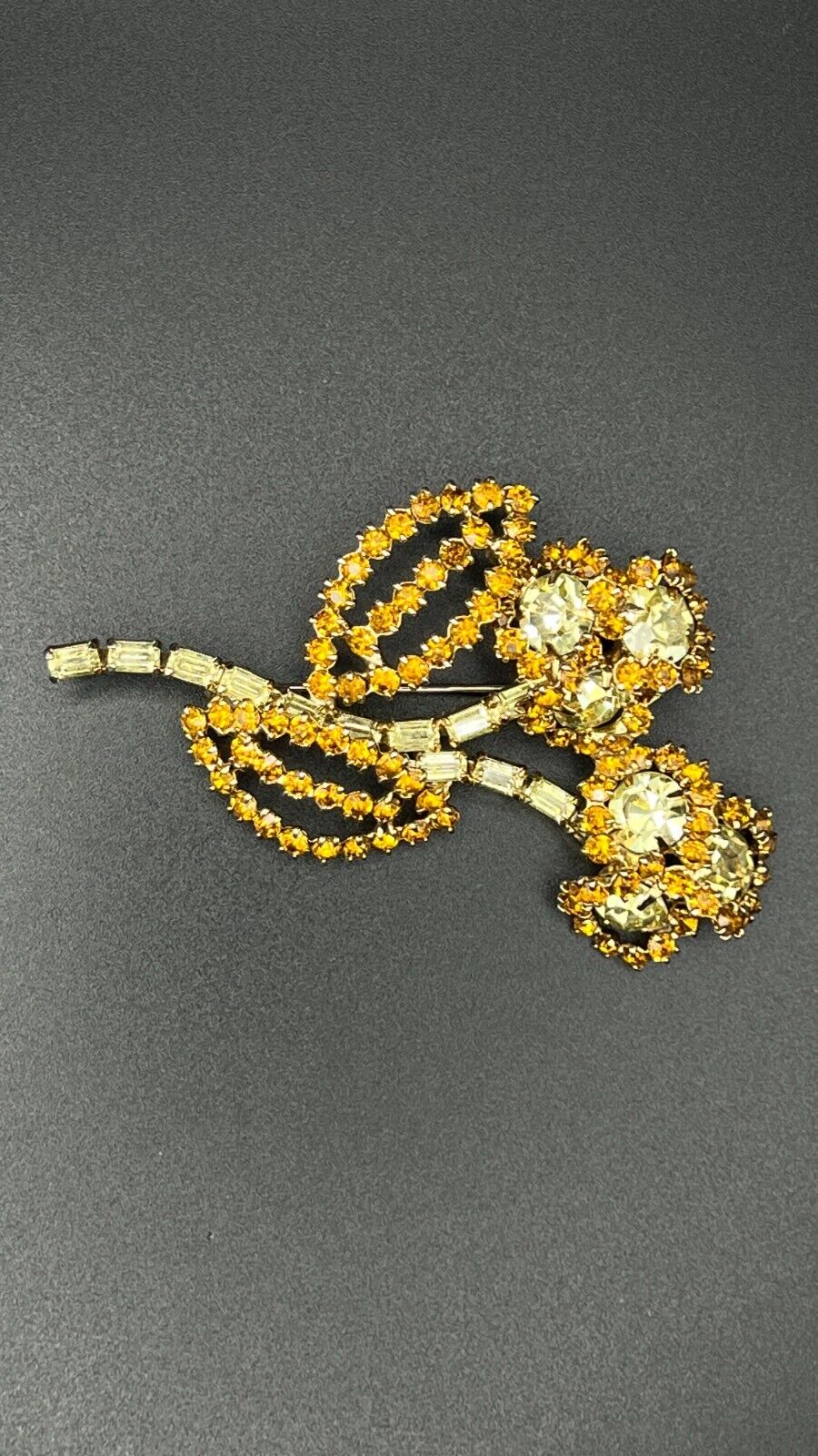 Vintage Large Gold-Toned Flower with Topaz and Light Gold Rhinestones Brooch Pin