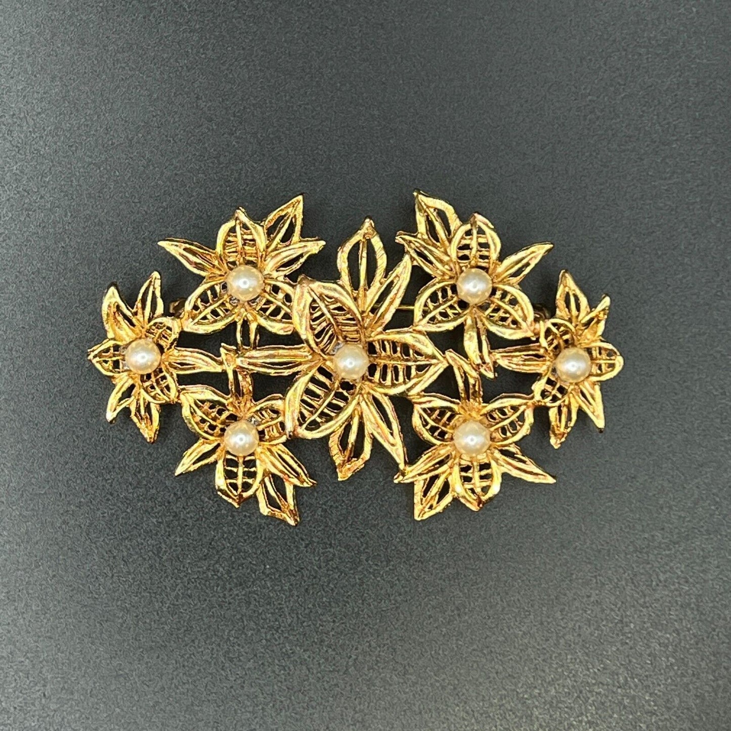 Vintage Large Flower Cluster with Faux Pearls Gold-Toned Bouquet Brooch Pin