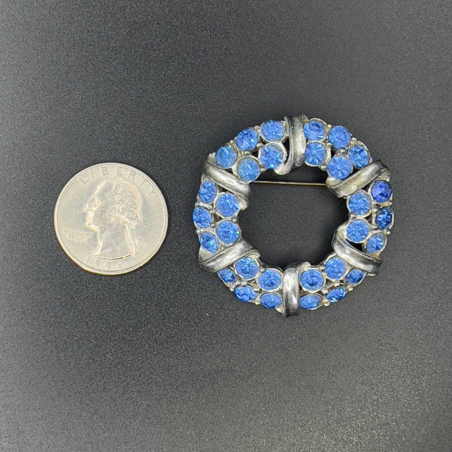 Vintage Sparkling Silver-Toned Blue Rhinestones Ribbon Wreath Brooch Pin