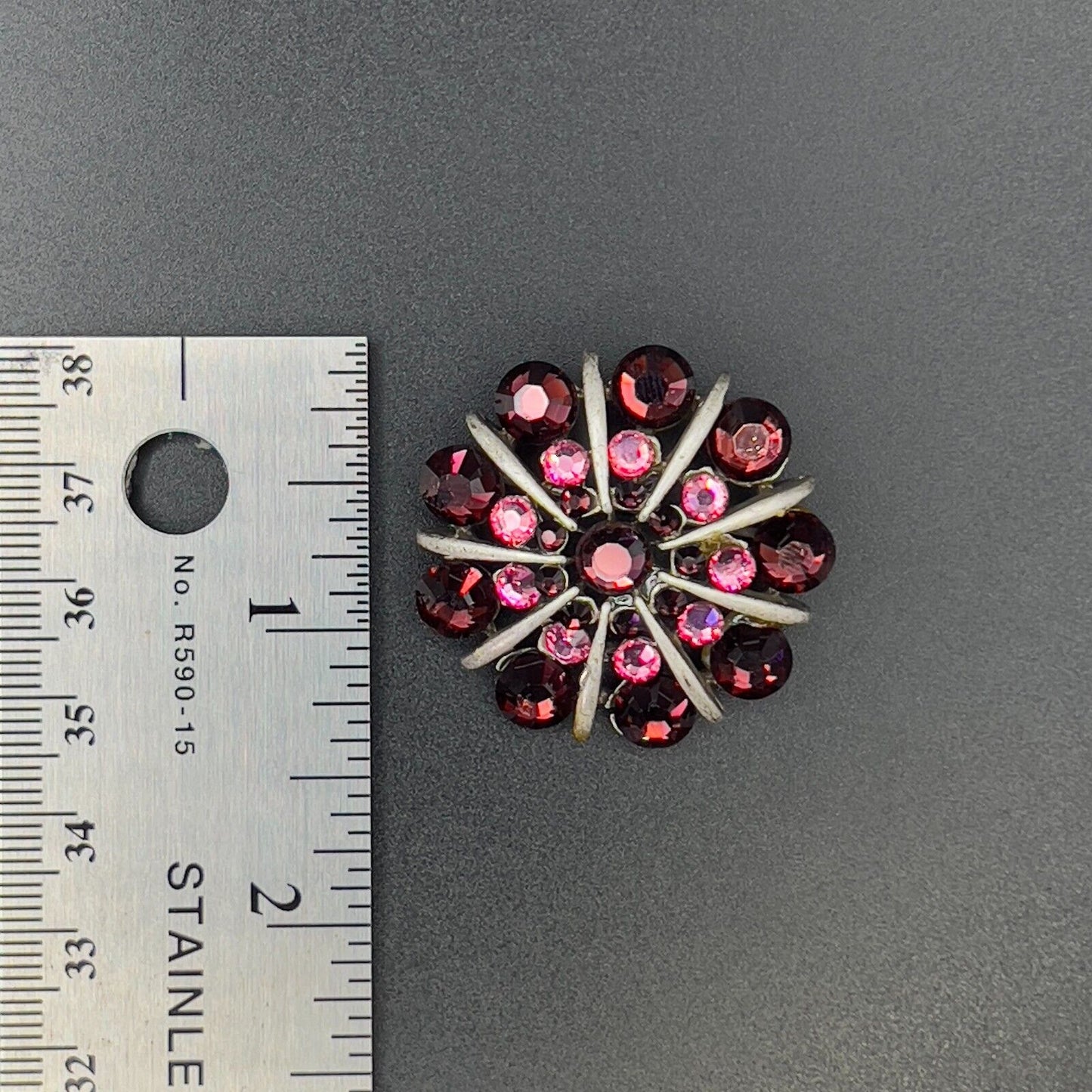 Vintage Bonnie J Rhinestone Brooch Pin Flower Design Pink Magenta Silver