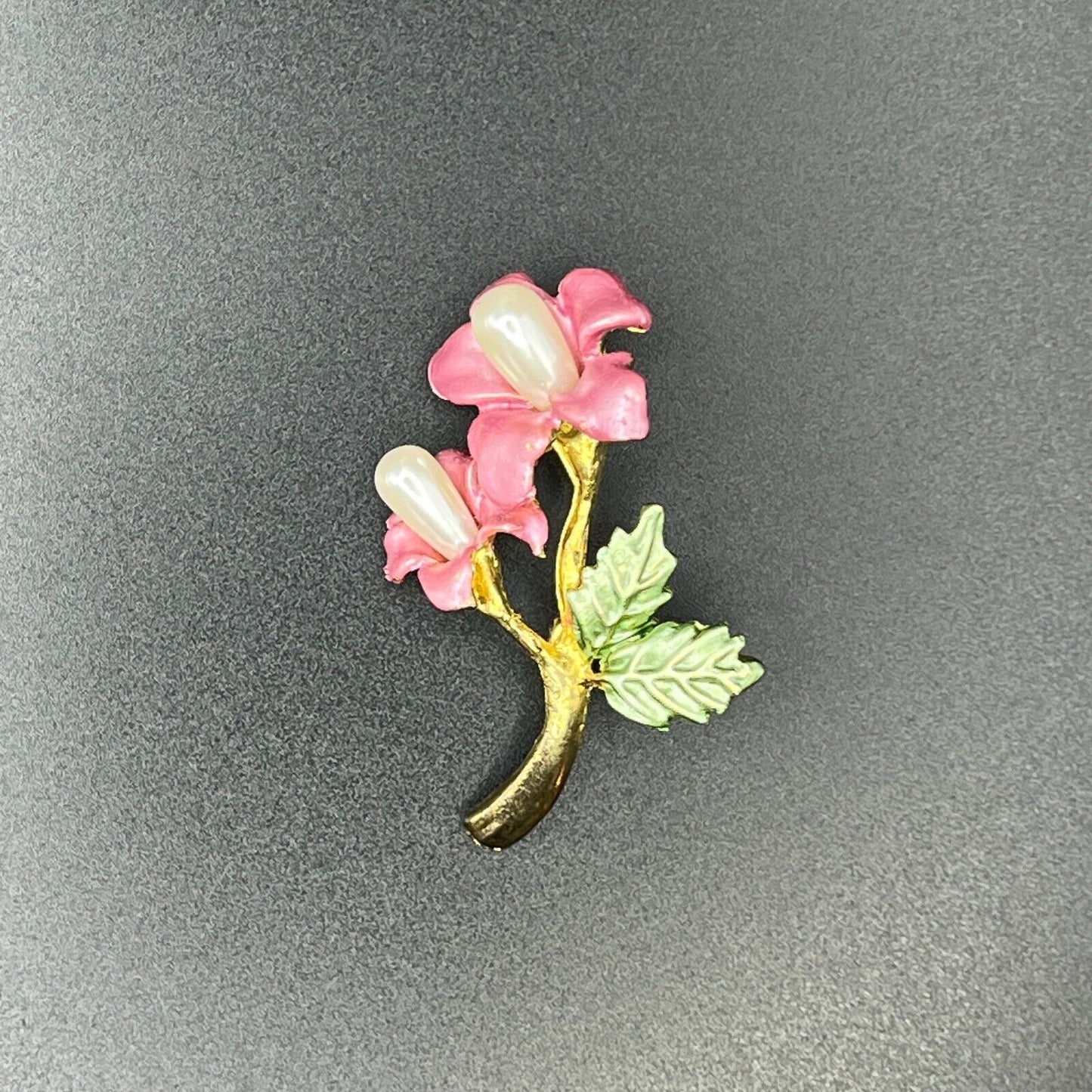 Vintage Gold-Toned Rose Pink & Green Enameled & Faux Pearl Flowers Brooch Pin