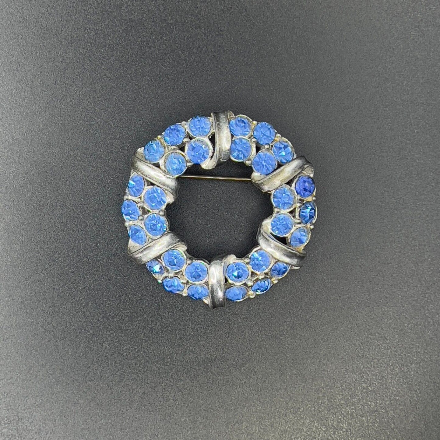Vintage Sparkling Silver-Toned Blue Rhinestones Ribbon Wreath Brooch Pin
