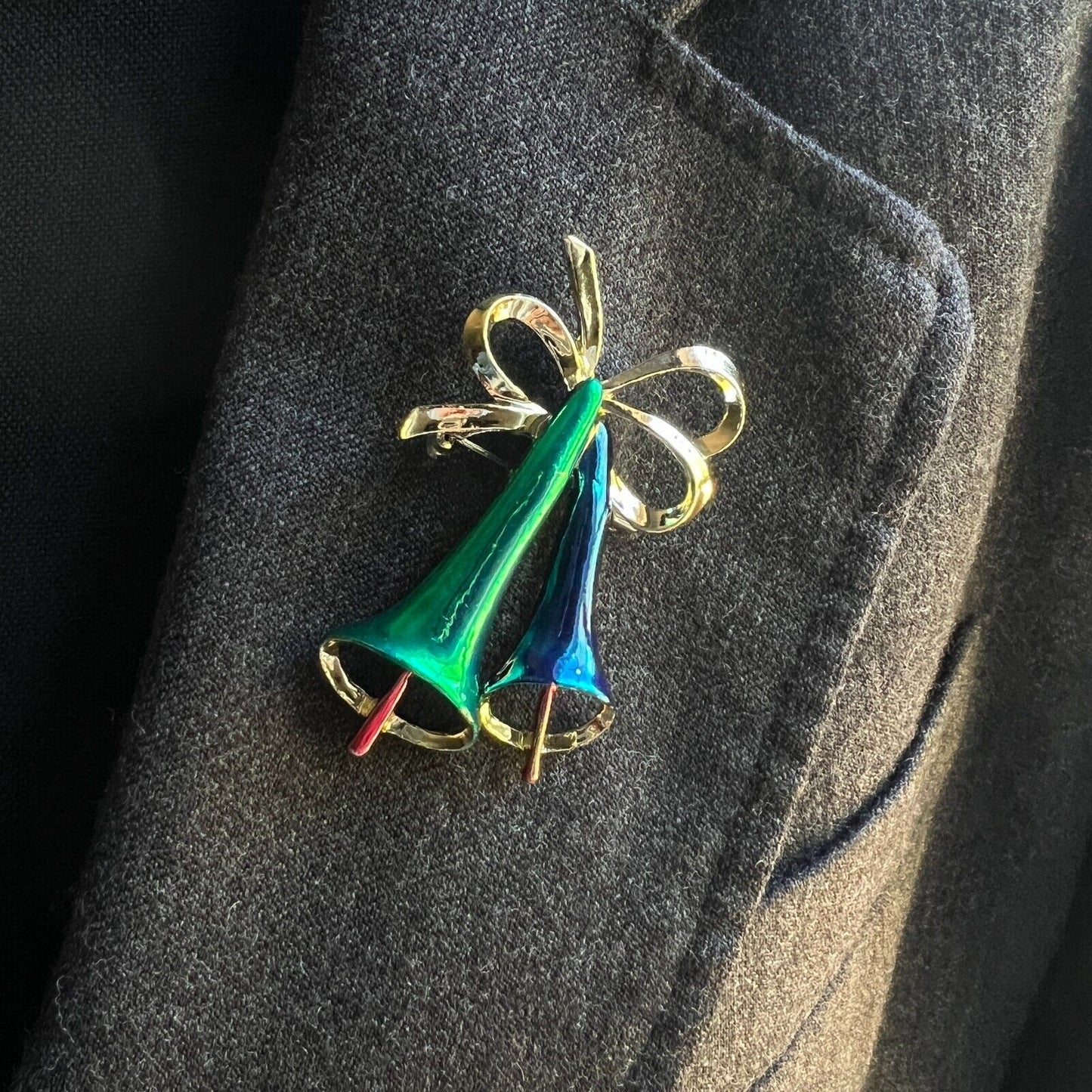 Vintage Novelty Gold-Toned Blue And Green Enameled Holiday Bells Brooch Pin