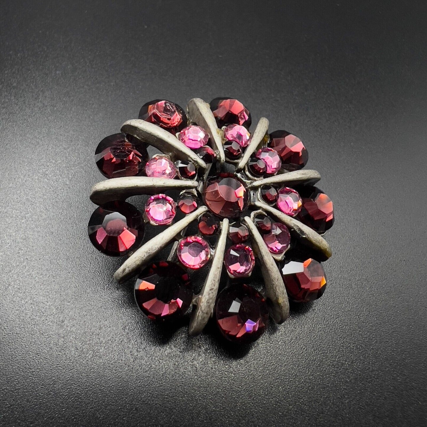 Vintage Bonnie J Rhinestone Brooch Pin Flower Design Pink Magenta Silver