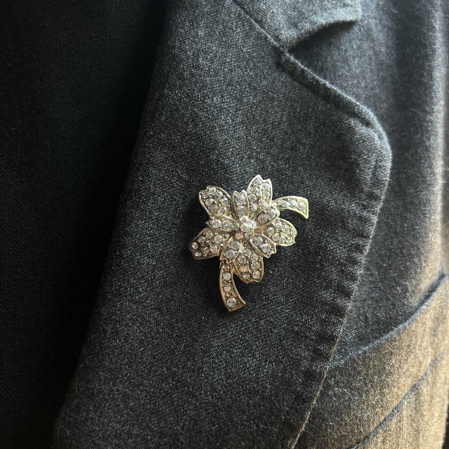 Vintage Silver-Toned and Clear Rhinestones Covered Flower Brooch Pin