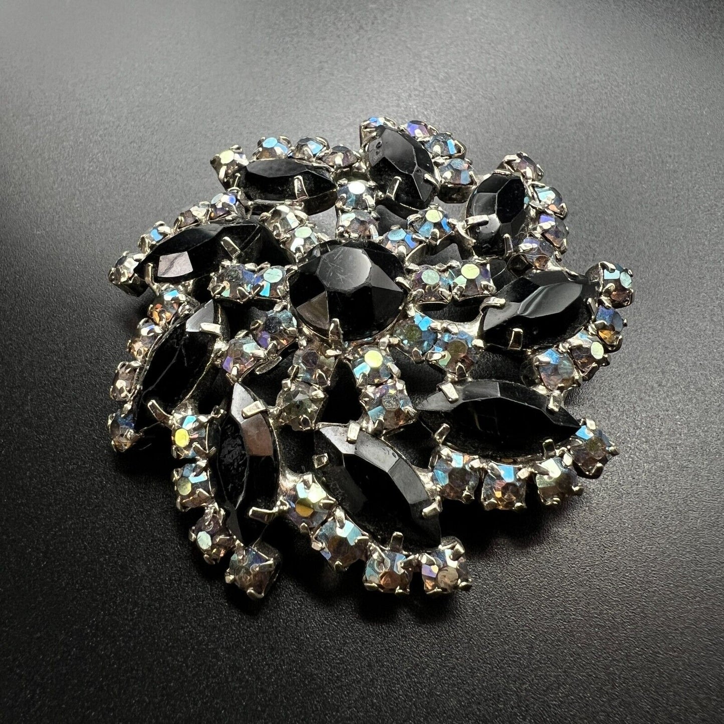 Vintage Schreiner? Silver-Tone w Jet Black Rhinestones & Smoky Topaz AB Brooch