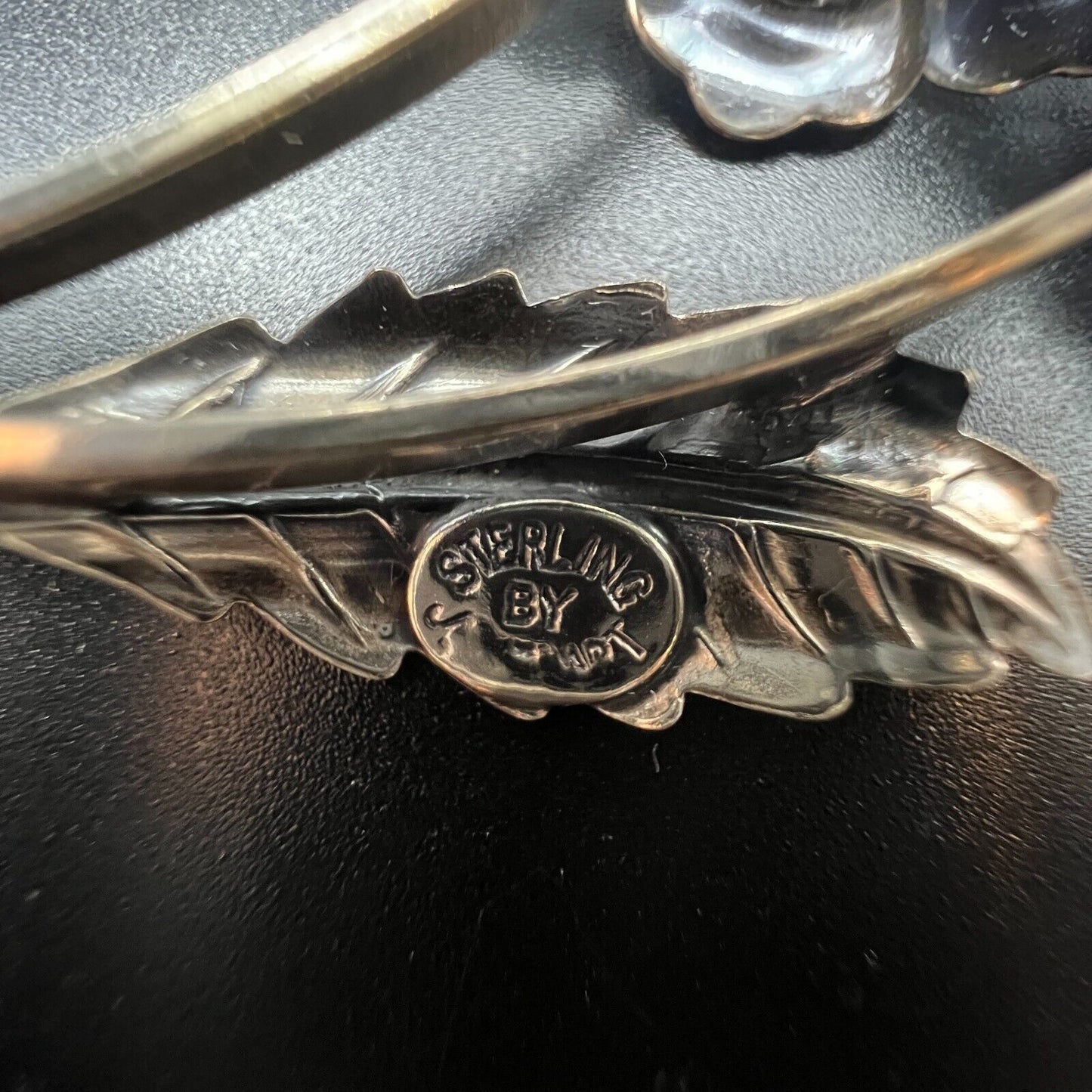 Vintage Marked Jewelart Sterling Silver Multi-Petaled Flowers w Leaf Brooch Pin