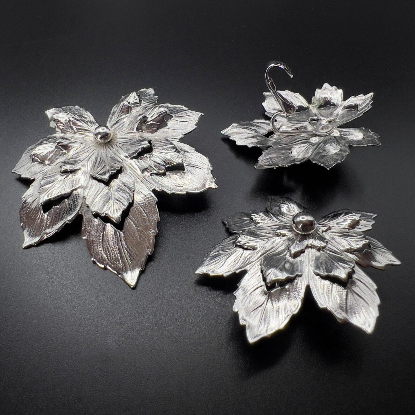 Vintage Maple Leaves Silver-Toned Signed Sarah Cov Brooch Pin & Clip On Earrings