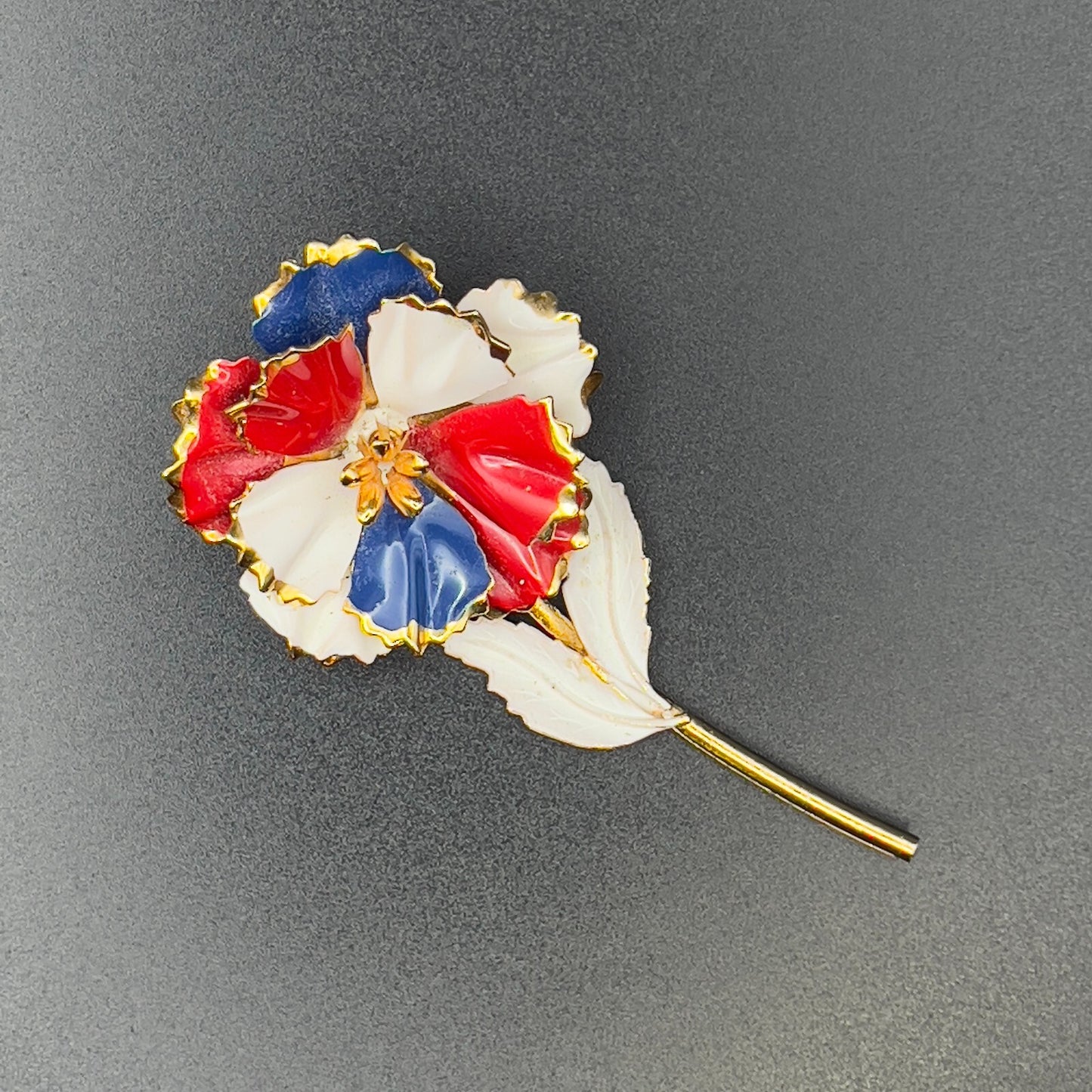 Vintage Flower Brooch Enameled Red White & Blue & Gold-Toned Stem Pin