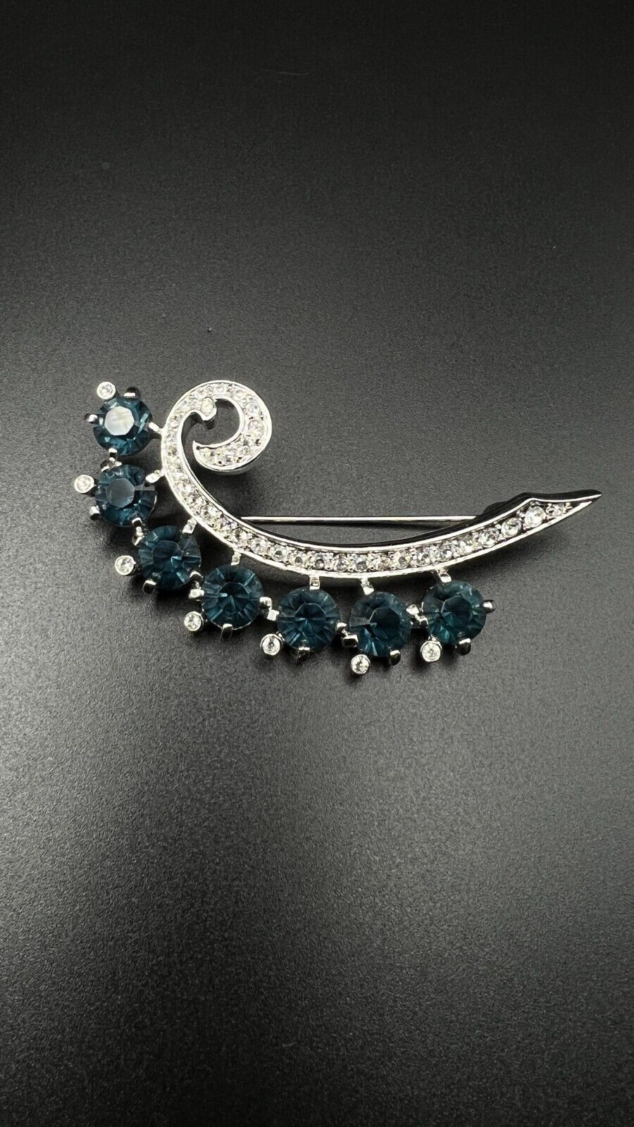 Vintage Signed Nolan Miller Silver-Toned with Navy and Clear Crystals Brooch Pin