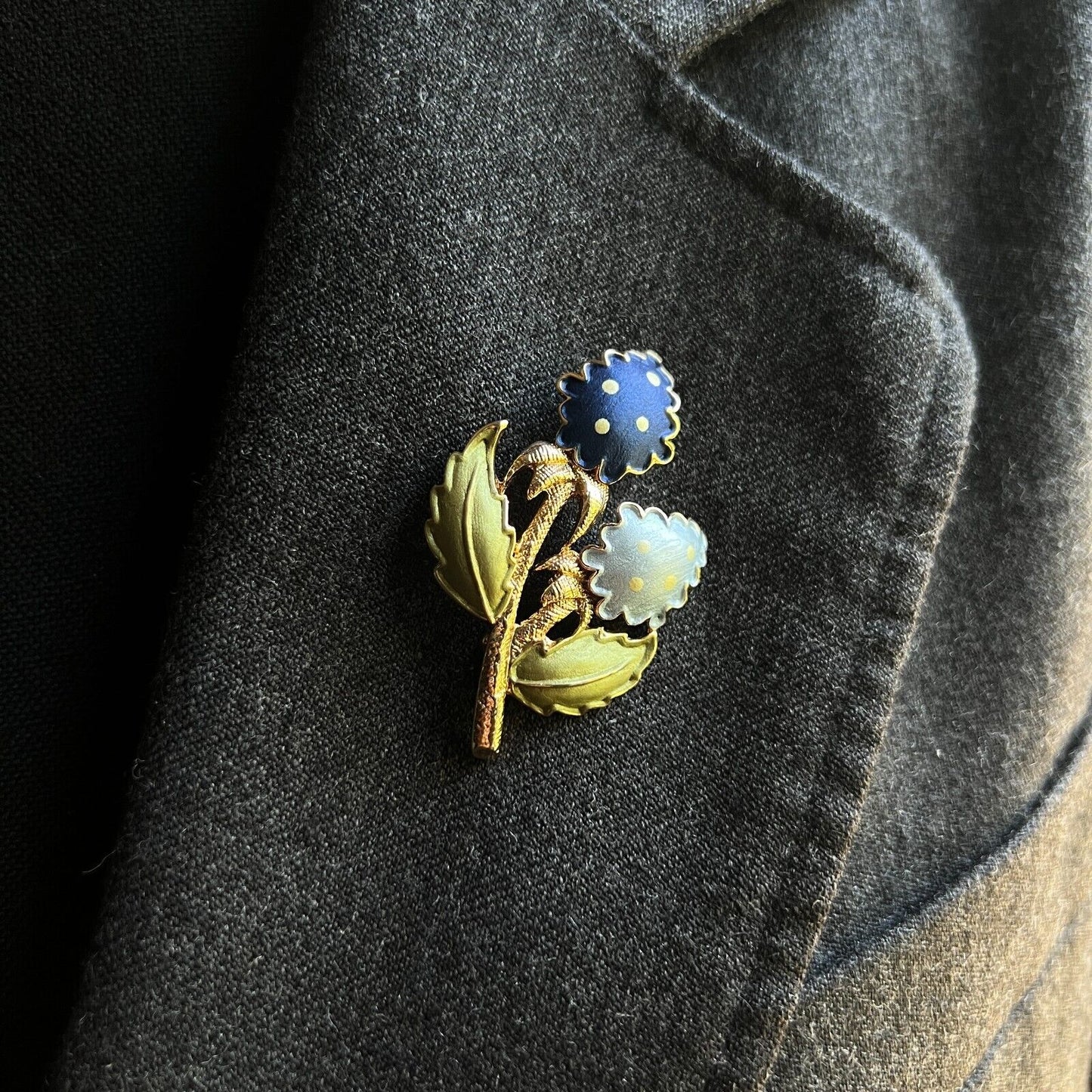 Vintage Gold-Toned Lovely Blue Enameled Flowers with Green Leaves Brooch Pin