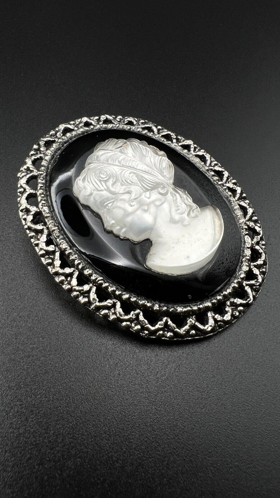 Vintage Novelty Mother Of Pearl Cameo with Black & Silver-Toned Frame Brooch Pin