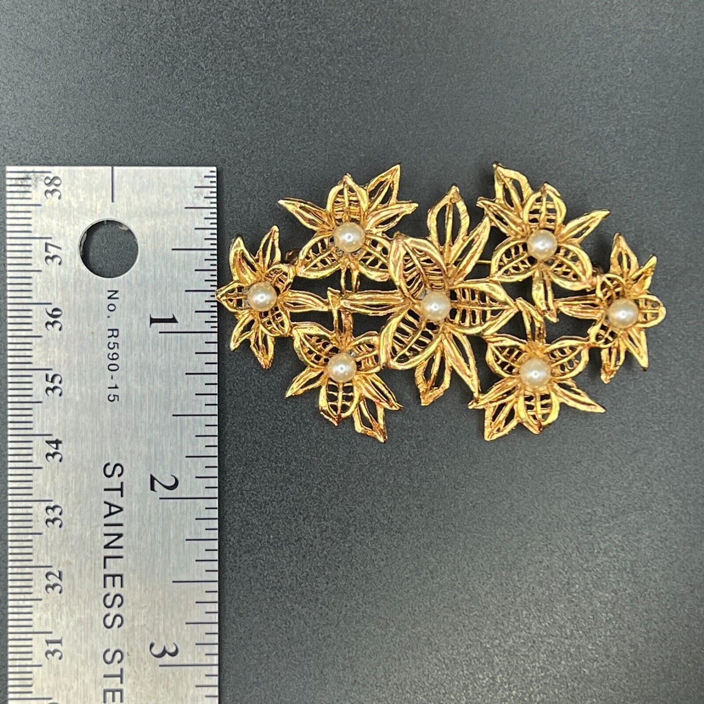 Vintage Large Flower Cluster with Faux Pearls Gold-Toned Bouquet Brooch Pin