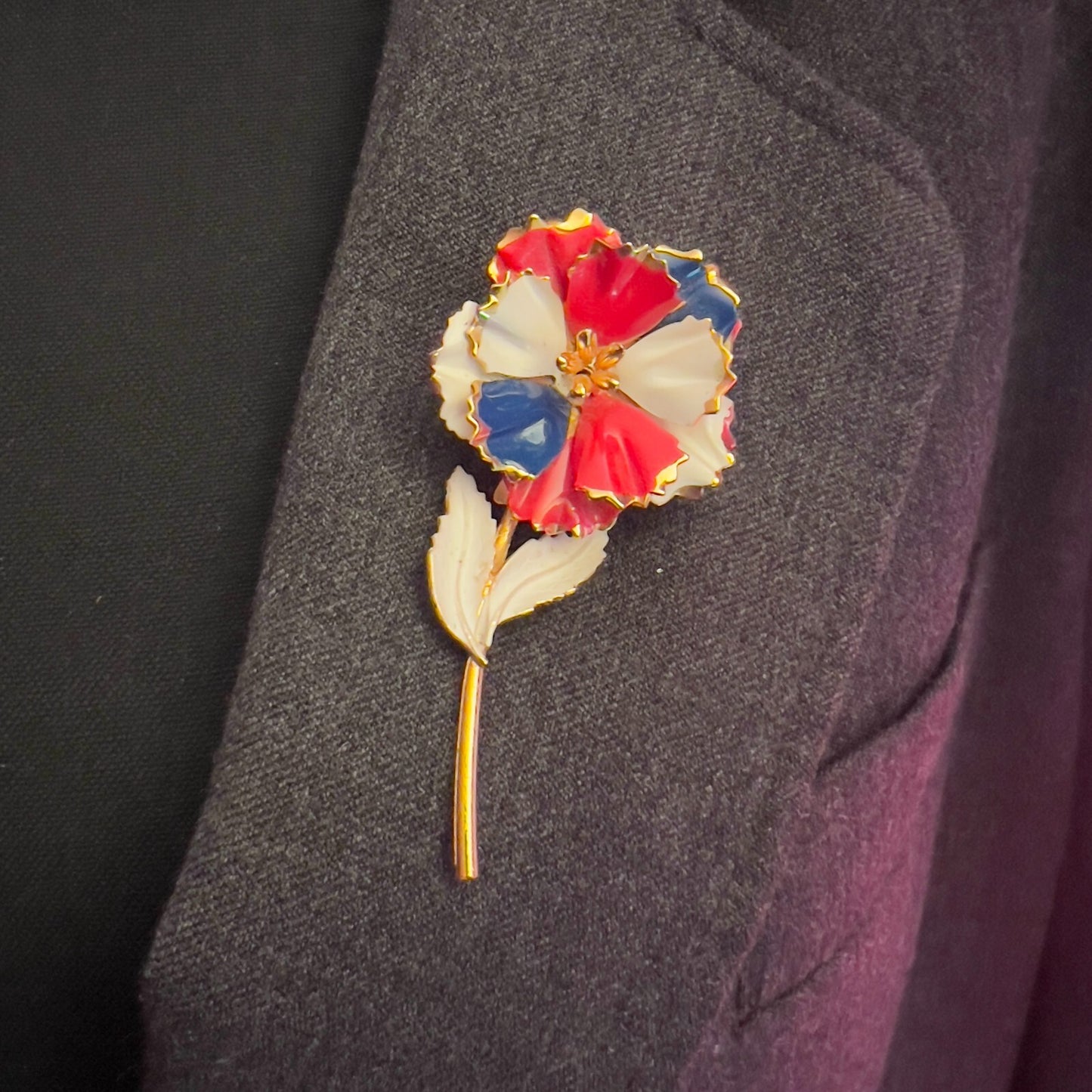 Vintage Flower Brooch Enameled Red White & Blue & Gold-Toned Stem Pin