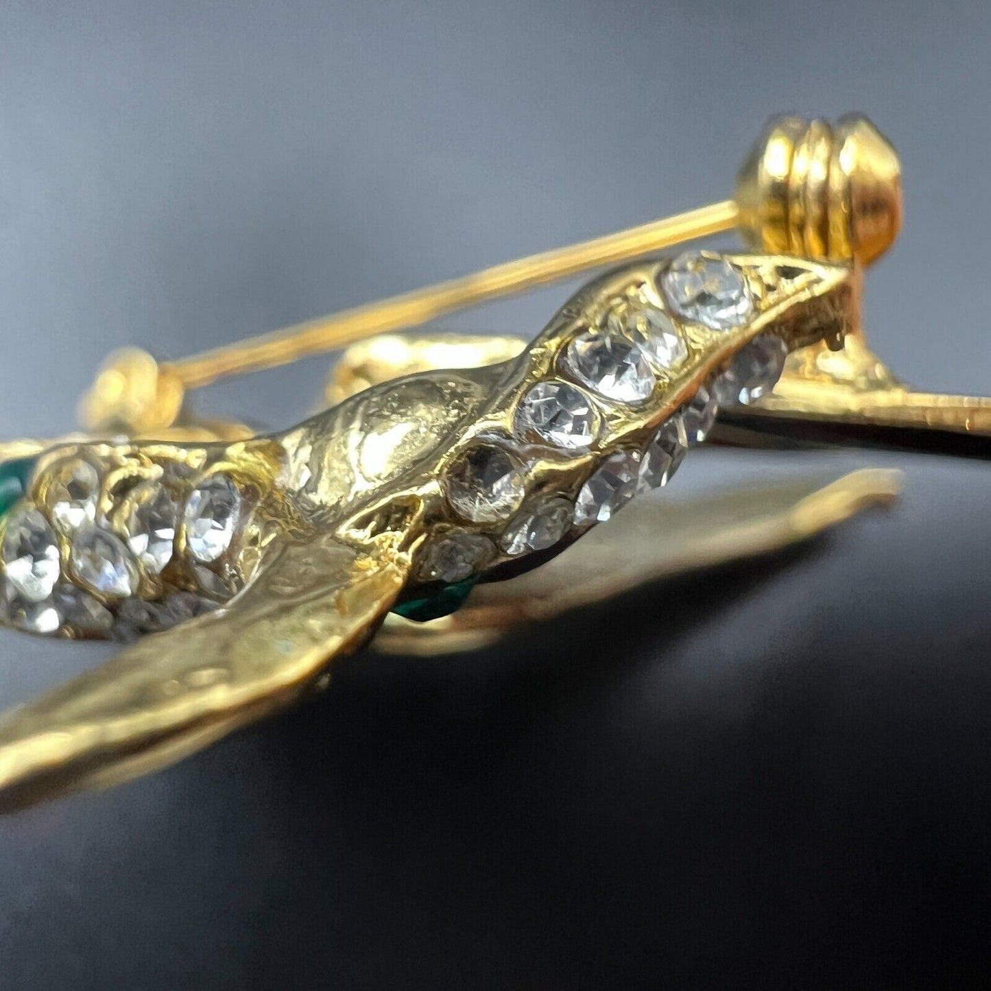 Vintage Novelty Bird Of Paradise Clear Crystals Red/Green Enameled Brooch Pin