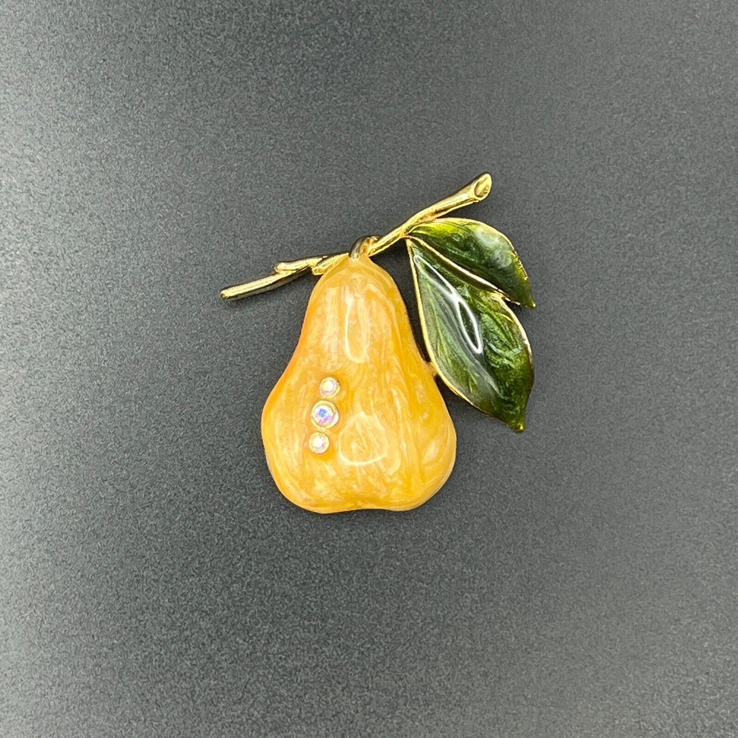 Vintage Gold-Toned Enameled Pear w Three Rhinestones & Green Leaves Brooch Pin