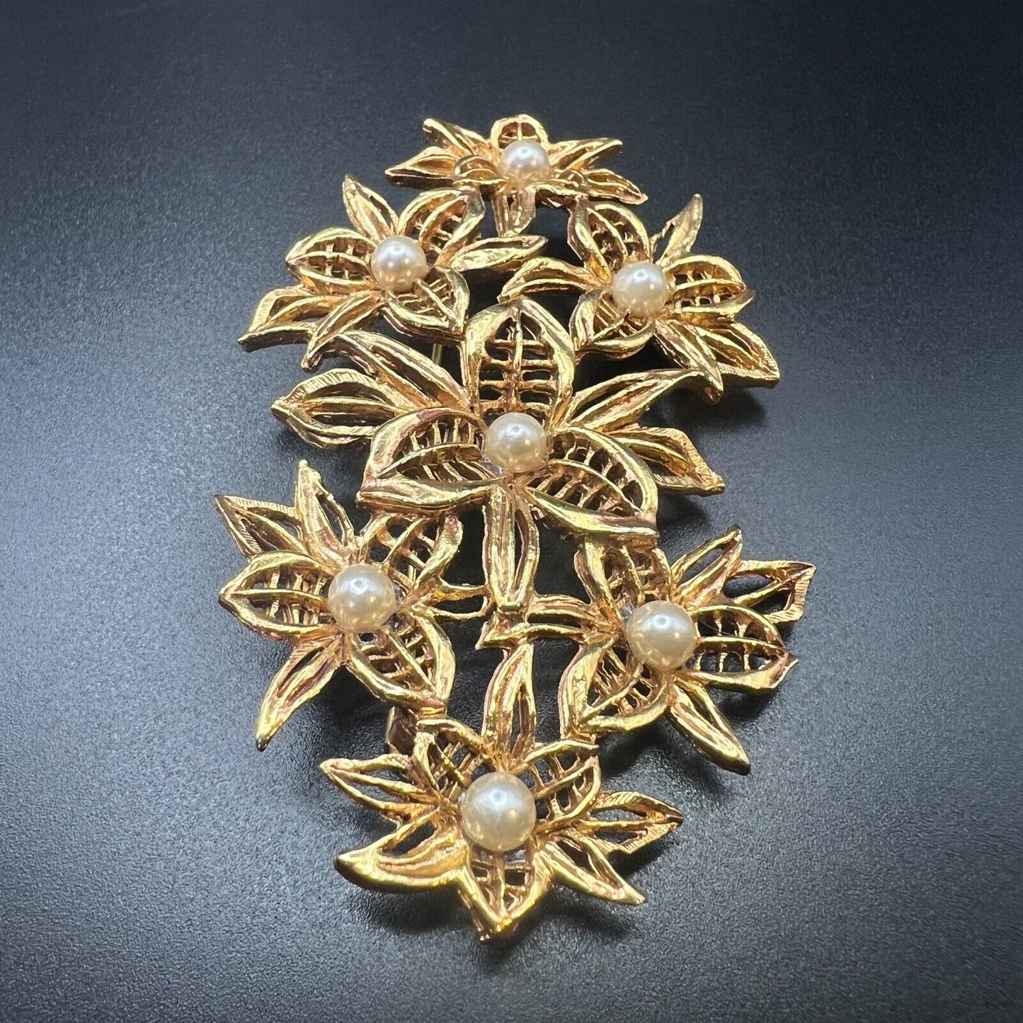 Vintage Large Flower Cluster with Faux Pearls Gold-Toned Bouquet Brooch Pin