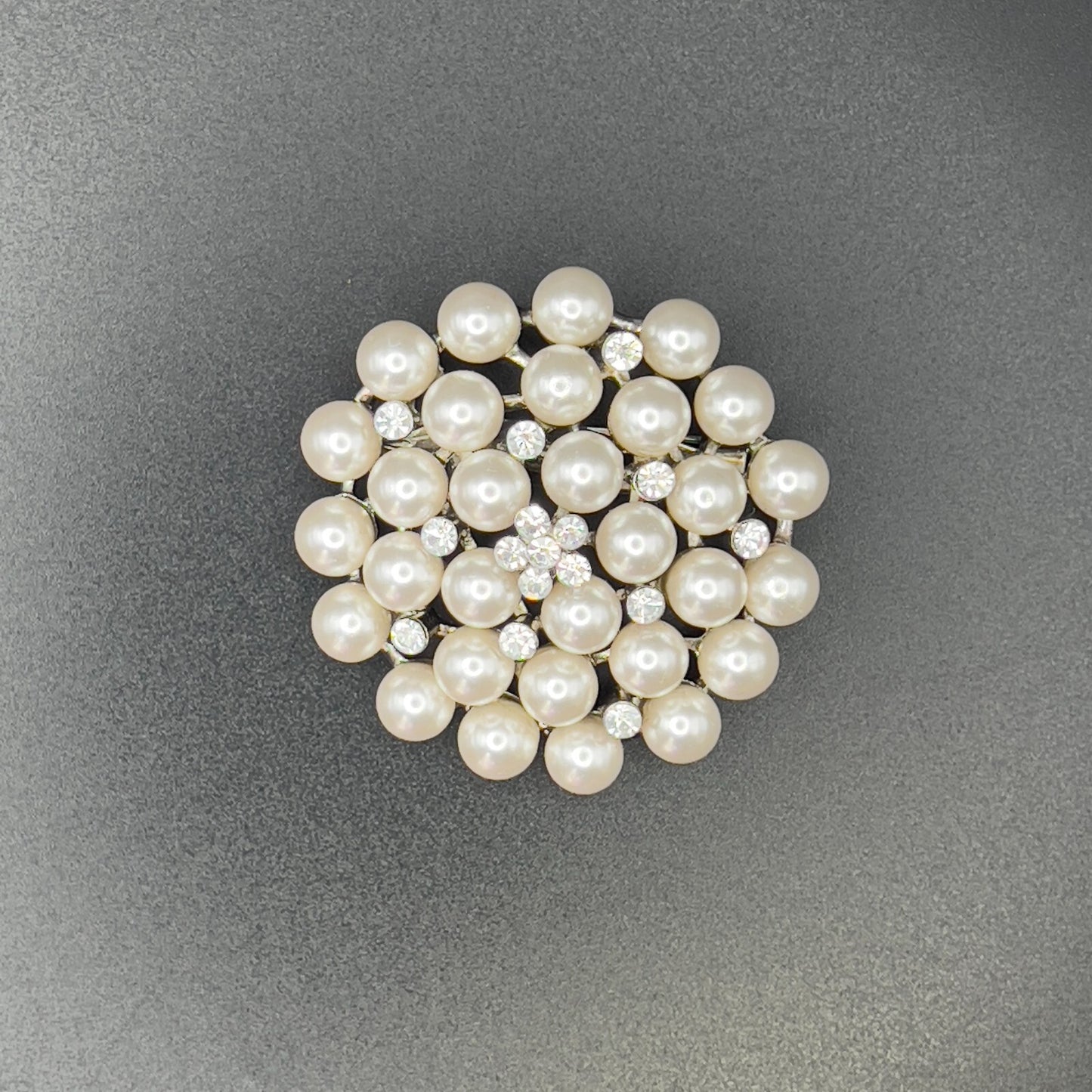 Vintage Circular Silver-Toned Faux Pearls & Clear Rhinestones Cluster Brooch Pin