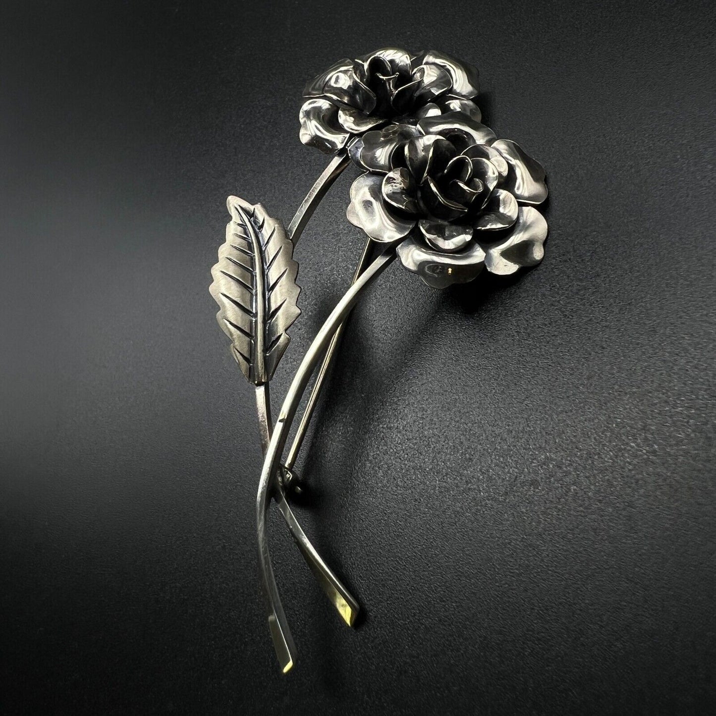 Vintage Marked Jewelart Sterling Silver Multi-Petaled Flowers w Leaf Brooch Pin